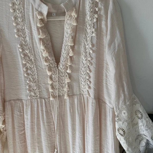 Cream Long Sleeve Maxi Dress Bohemian Vacation Resort wear lace tassel fringe - Picture 2 of 7